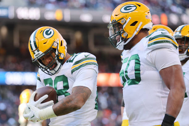 AJ Dillon #28 of the Green Bay Packers