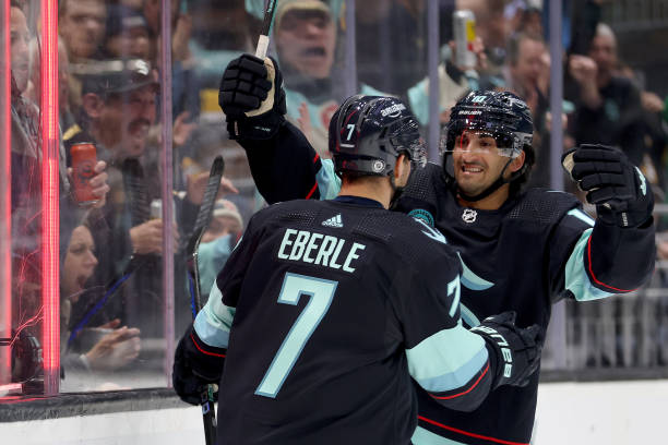 Jordan Eberle #7 of the Seattle Kraken celebrates his powerplay goal with Matty Beniers #10