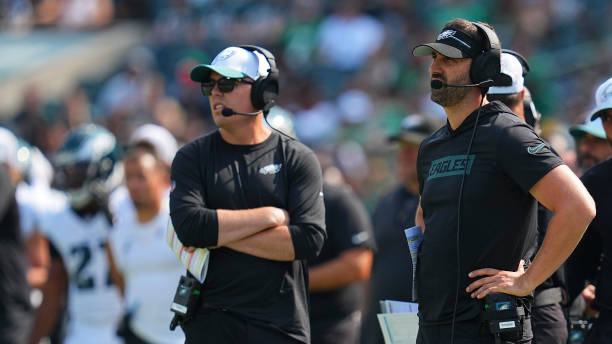 Head coach Nick Sirianni and offensive coordinator Kellen Moore of the Philadelphia Eagles