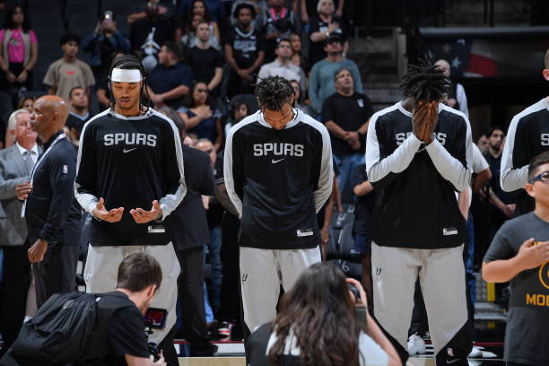 Brandon Boston Jr. #4, Stephon Castle #5 and Sidy Cissoko #25 of the San Antonio Spurs