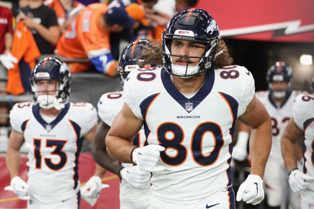 Greg Dulcich #80 of the Denver Broncos