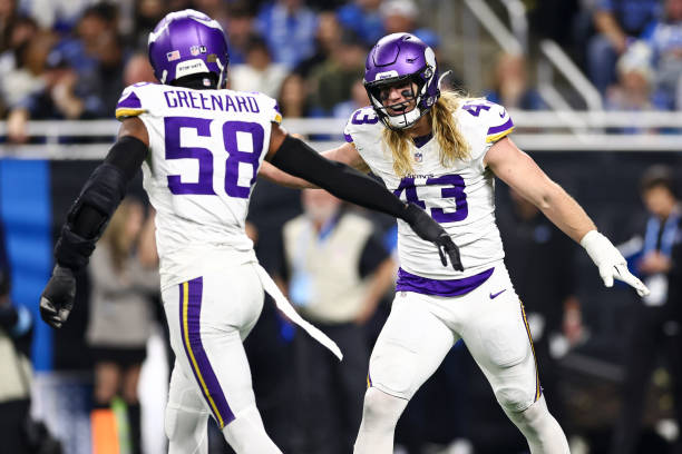 Andrew Van Ginkel #43 of the Minnesota Vikings celebrates with Jonathan Greenard #58 after a play during an NFL football game against the Detroit Lions at Ford Field on January 5, 2025 in Detroit, Michigan.