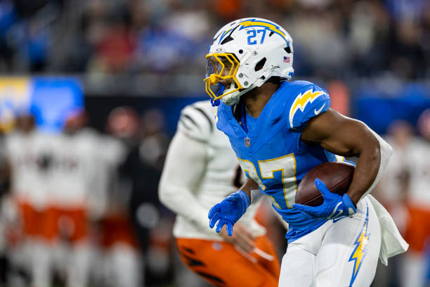 J.K. Dobbins #27 of the Los Angeles Chargers